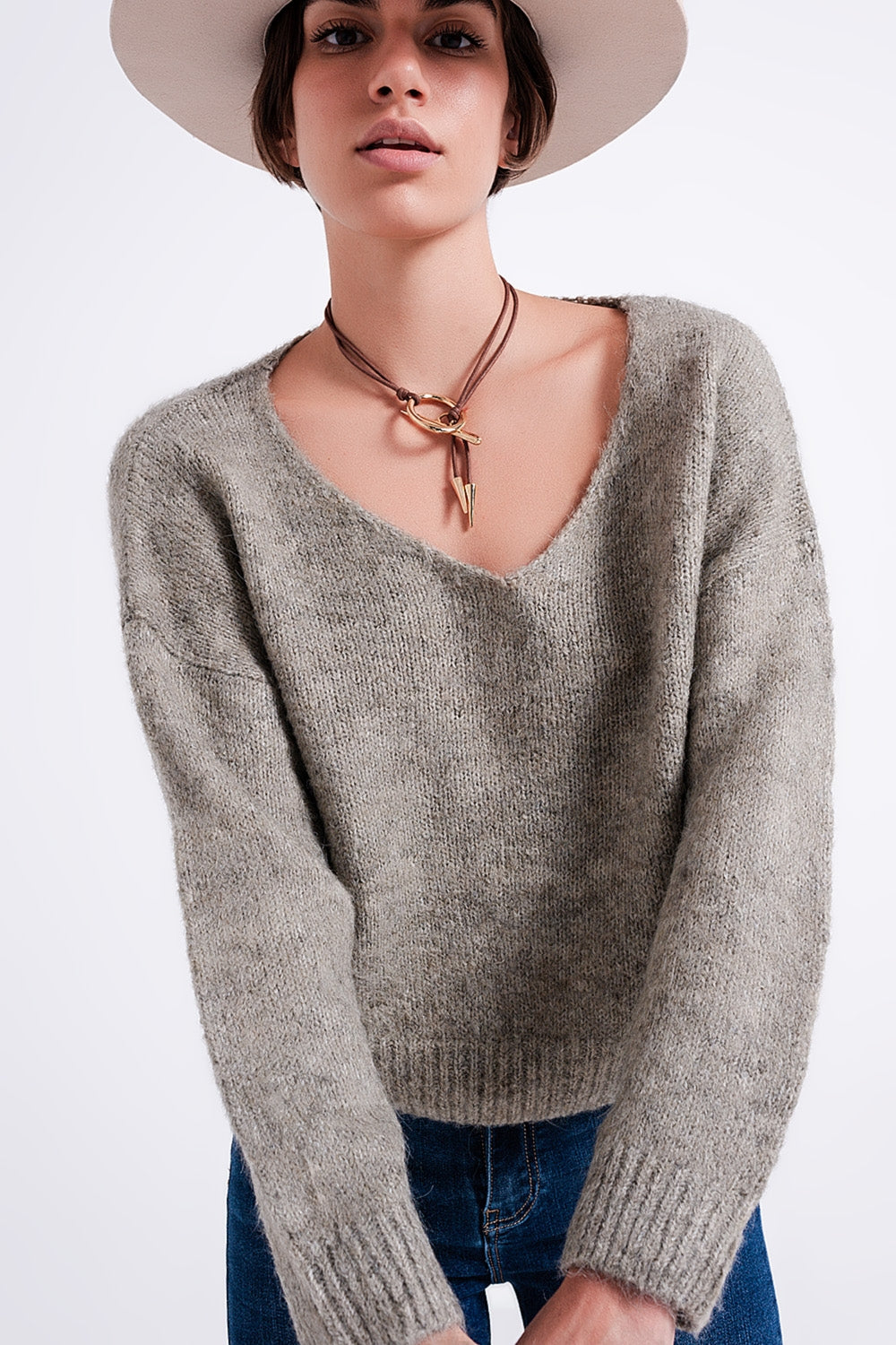 Women's Gray Soft Knit Sweater with V-Neck & Long Sleeves - Lovez Aqua© -