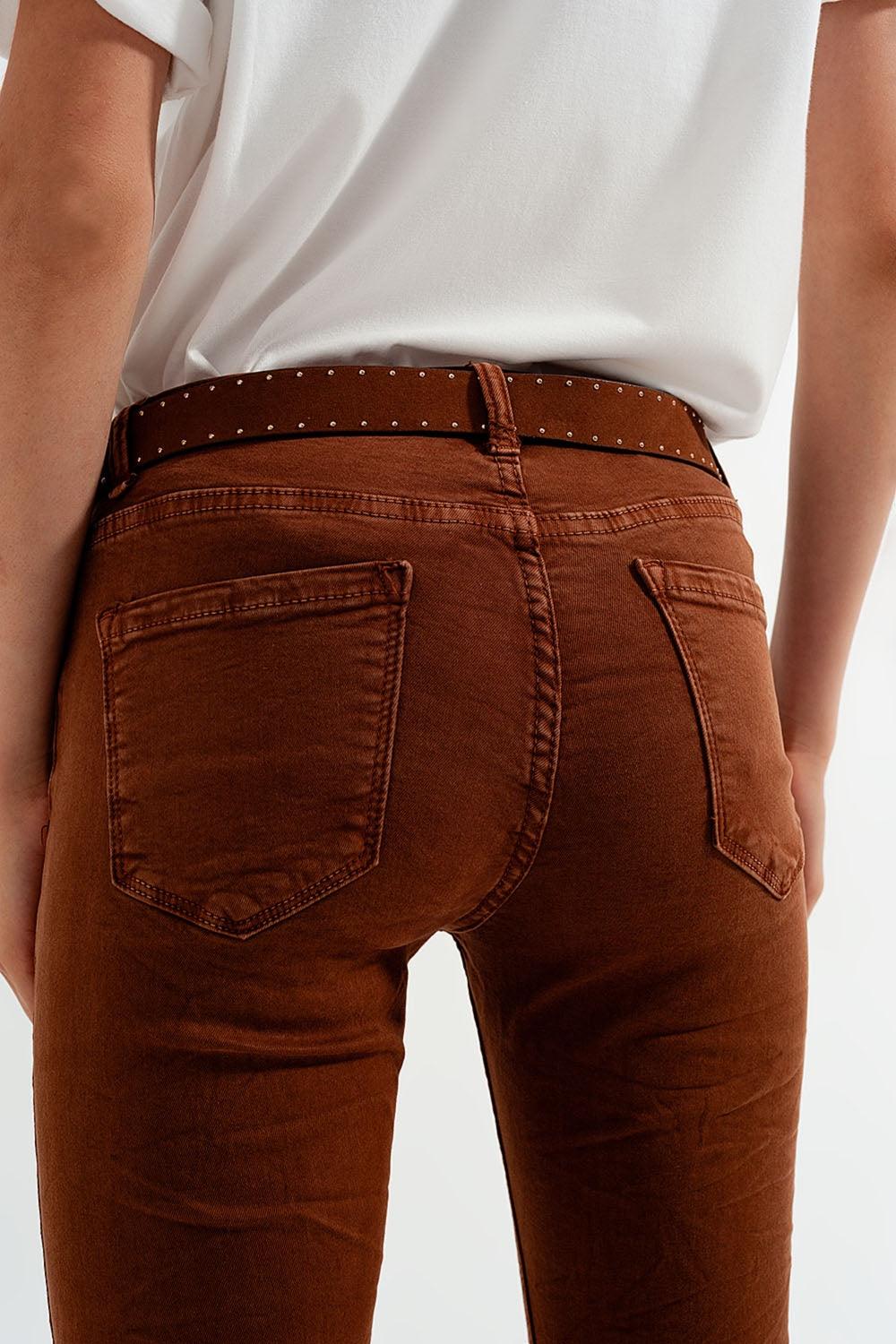 Women’s High-Waisted Rust Colored Skinny Jeans With Belt Buckle Detail - Lovez Aqua© -