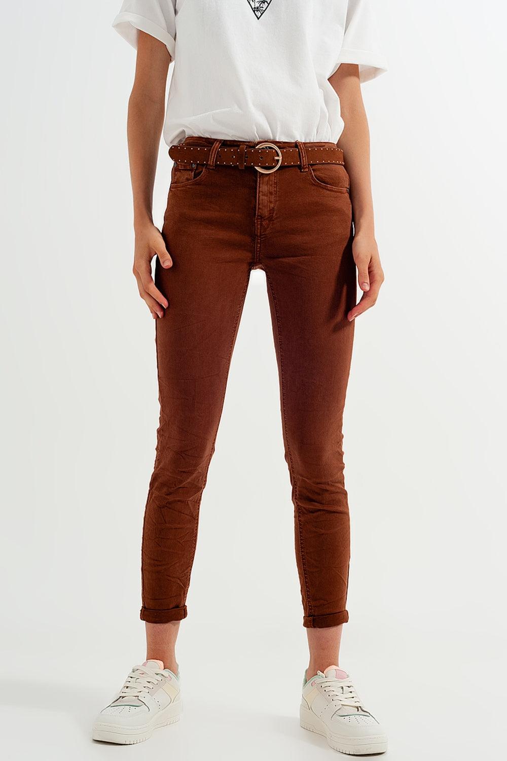 Women’s High-Waisted Rust Colored Skinny Jeans With Belt Buckle Detail - Lovez Aqua© -