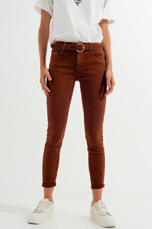 Women’s High-Waisted Rust Colored Skinny Jeans With Belt Buckle Detail - Lovez Aqua© -
