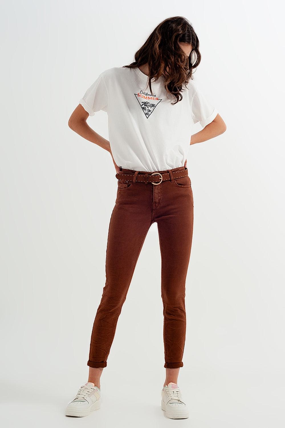 Women’s High-Waisted Rust Colored Skinny Jeans With Belt Buckle Detail - Lovez Aqua© -
