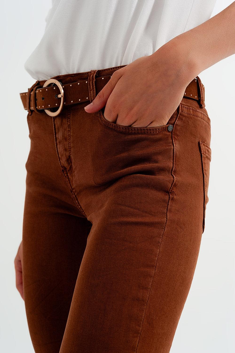 Women’s High-Waisted Rust Colored Skinny Jeans With Belt Buckle Detail - Lovez Aqua© -