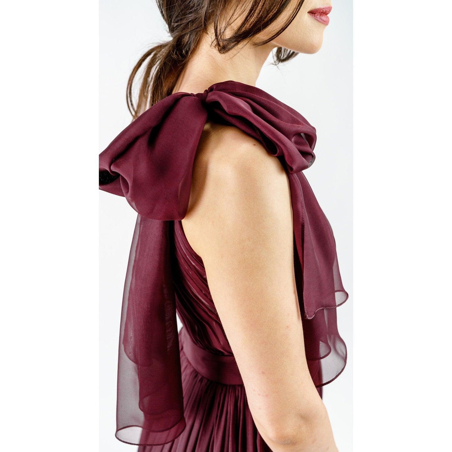 Women's Italian Chiffon & Satin Pleated Burgundy Evening Gown With High Collar - Lovez Aqua© -