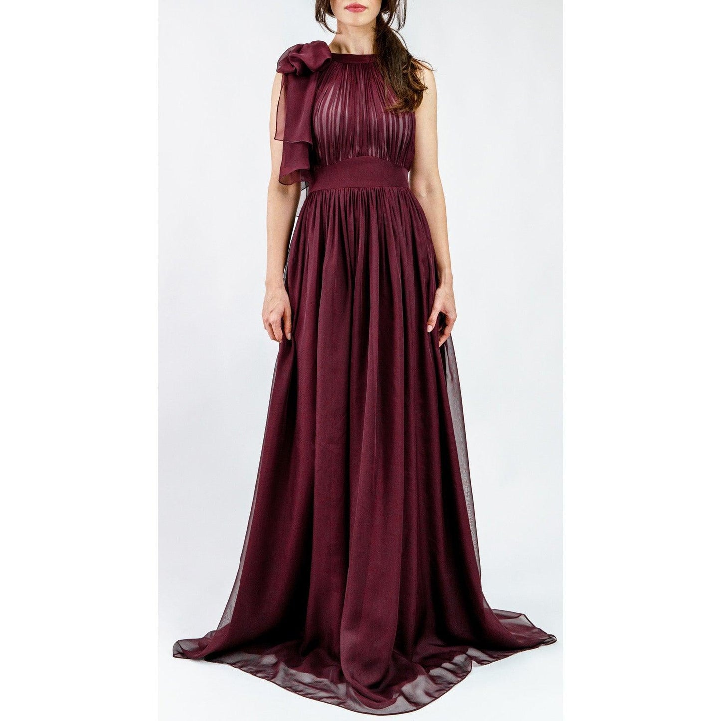 Women's Italian Chiffon & Satin Pleated Burgundy Evening Gown With High Collar - Lovez Aqua© -