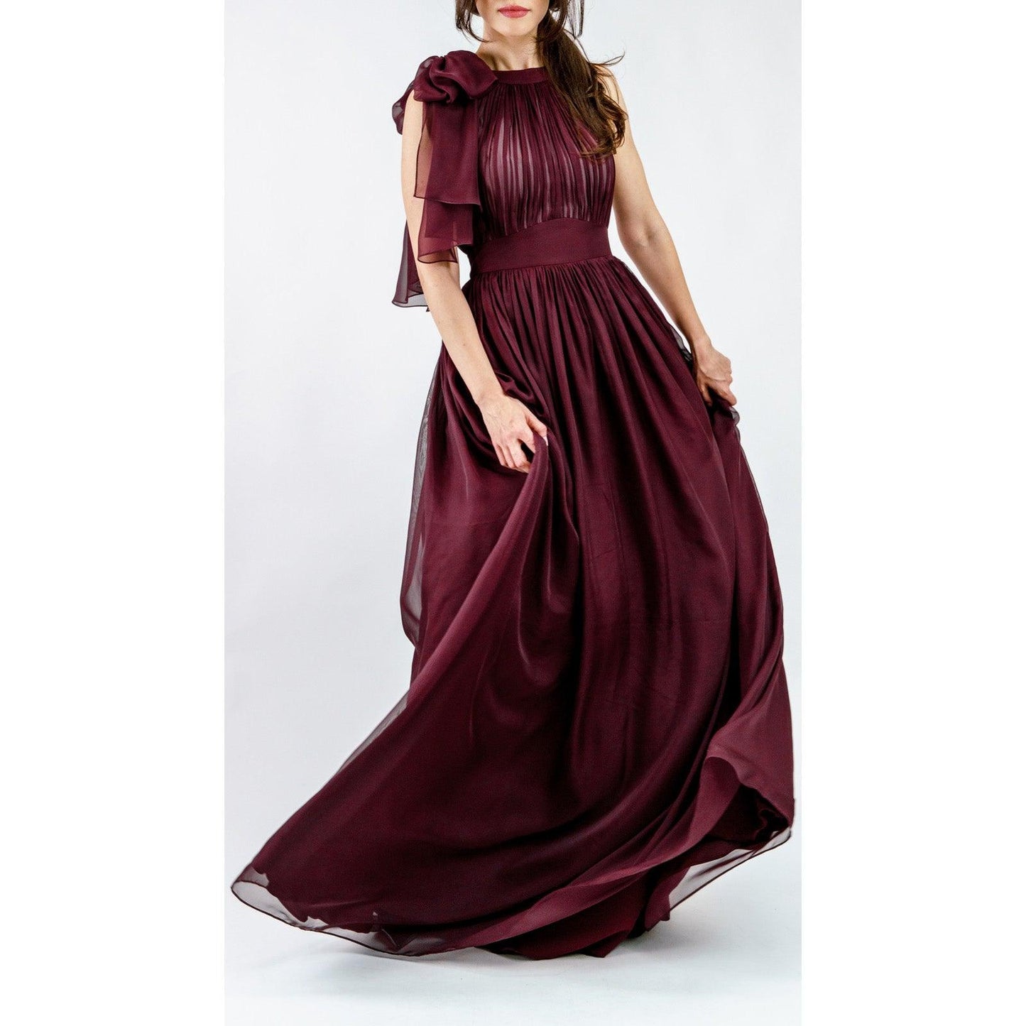 Women's Italian Chiffon & Satin Pleated Burgundy Evening Gown With High Collar - Lovez Aqua© -