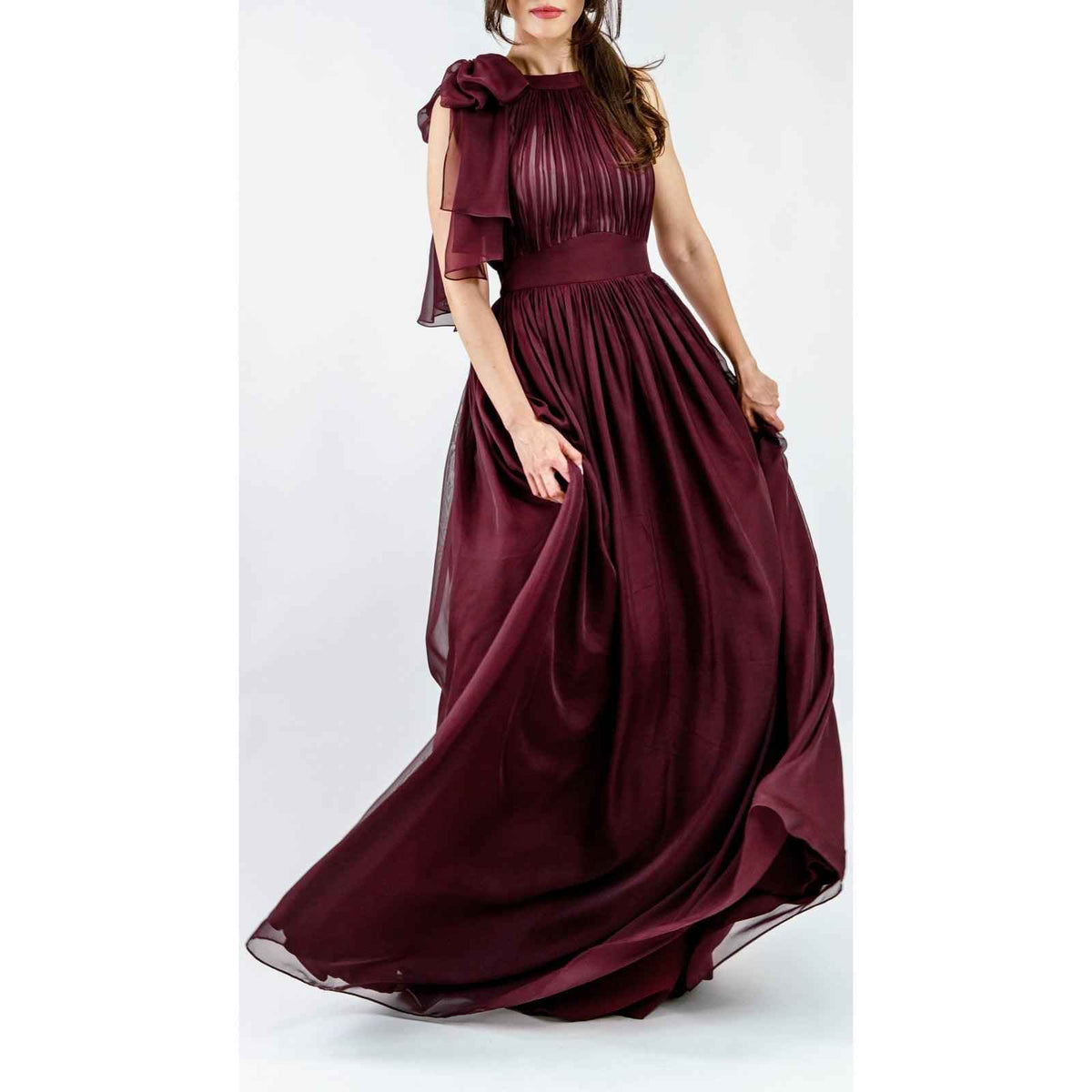 Women's Italian Chiffon & Satin Pleated Burgundy Evening Gown With High Collar