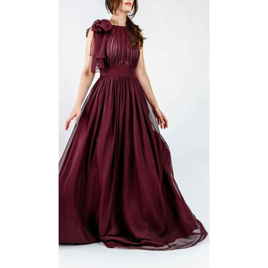 Women's Italian Chiffon & Satin Pleated Burgundy Evening Gown With High Collar
