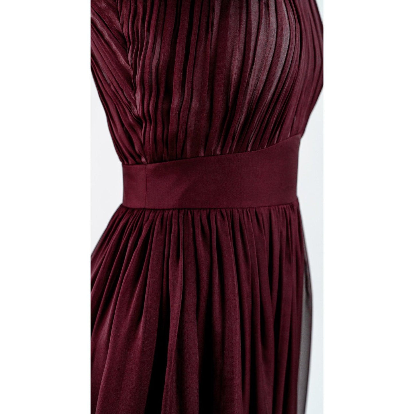 Women's Italian Chiffon & Satin Pleated Burgundy Evening Gown With High Collar - Lovez Aqua© -