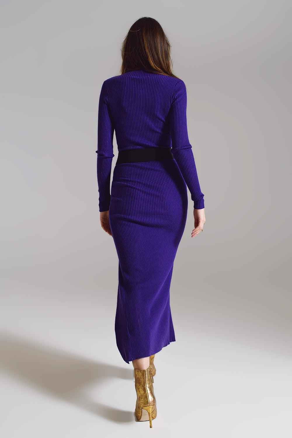 Women's Luxury Dark Purple High Neck Maxi Knitted Dress