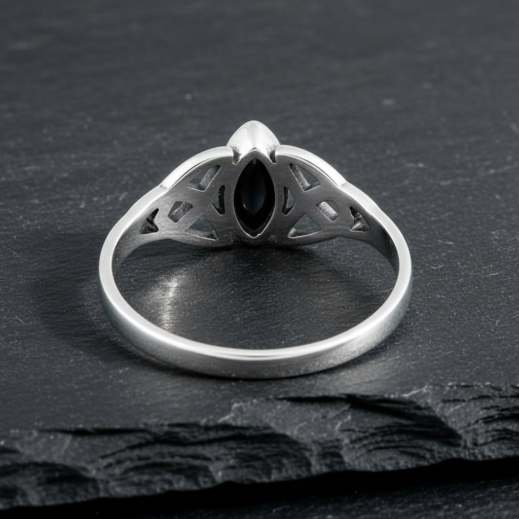 Women's Marquise Cut Black Onyx Stone Celtic Silver Ring - Lovez Aqua© -