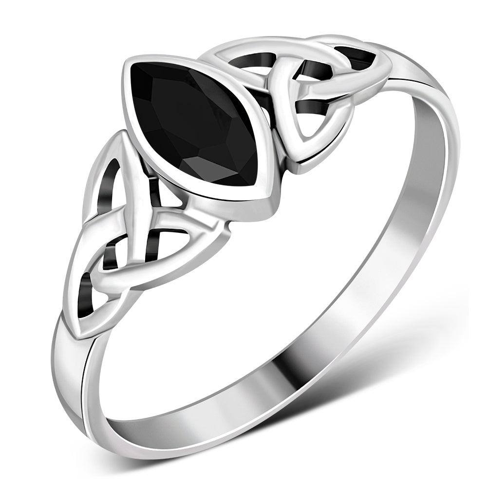Women's Marquise Cut Black Onyx Stone Celtic Silver Ring - Lovez Aqua© -