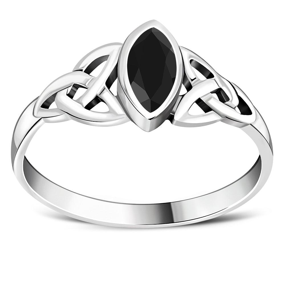 Women's Marquise Cut Black Onyx Stone Celtic Silver Ring - Lovez Aqua© -