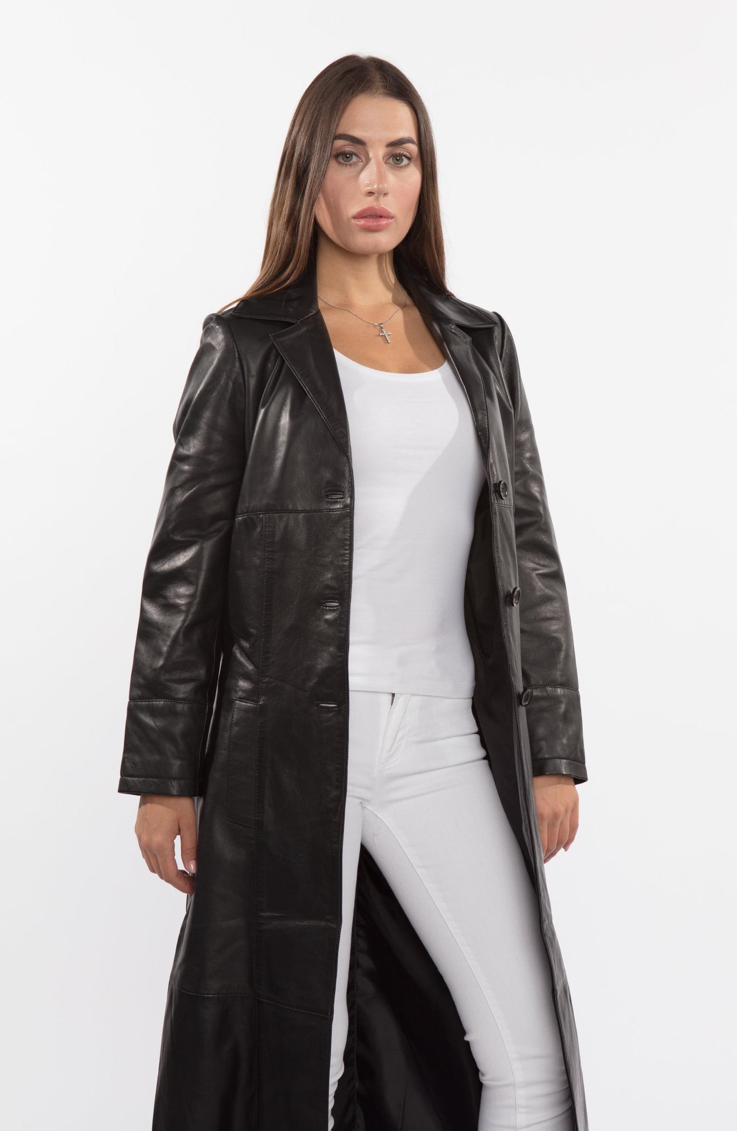 Women's Matrix-Inspired Black Three Button Full Length Lambskin Leather Coat - Lovez Aqua© -