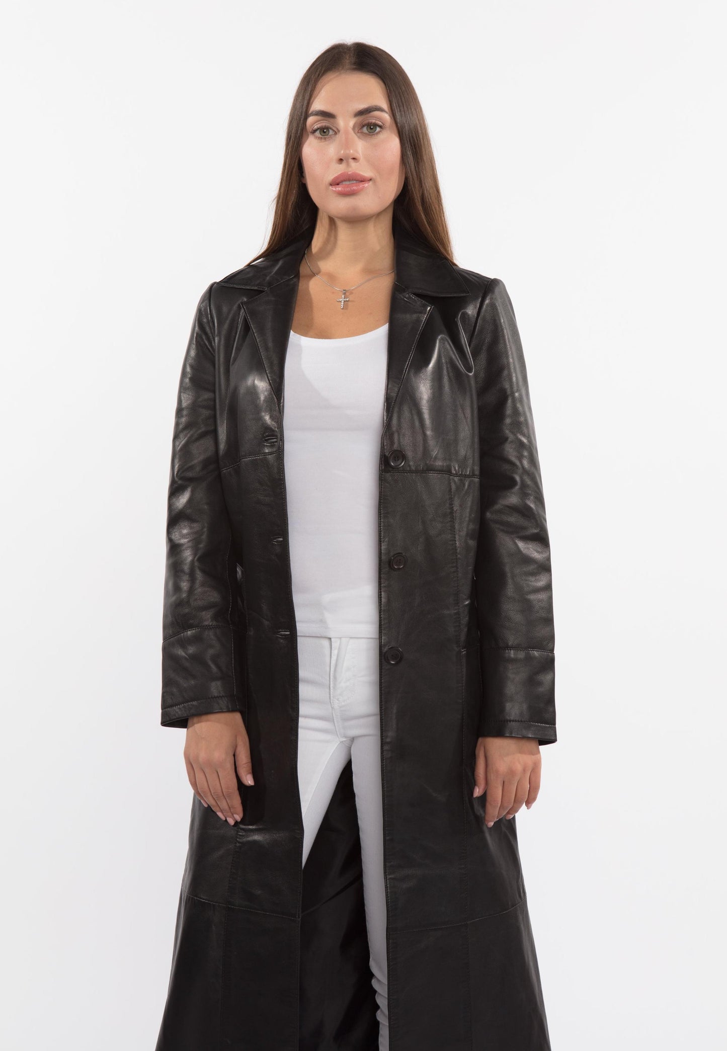 Women's Matrix-Inspired Black Three Button Full Length Lambskin Leather Coat - Lovez Aqua© -