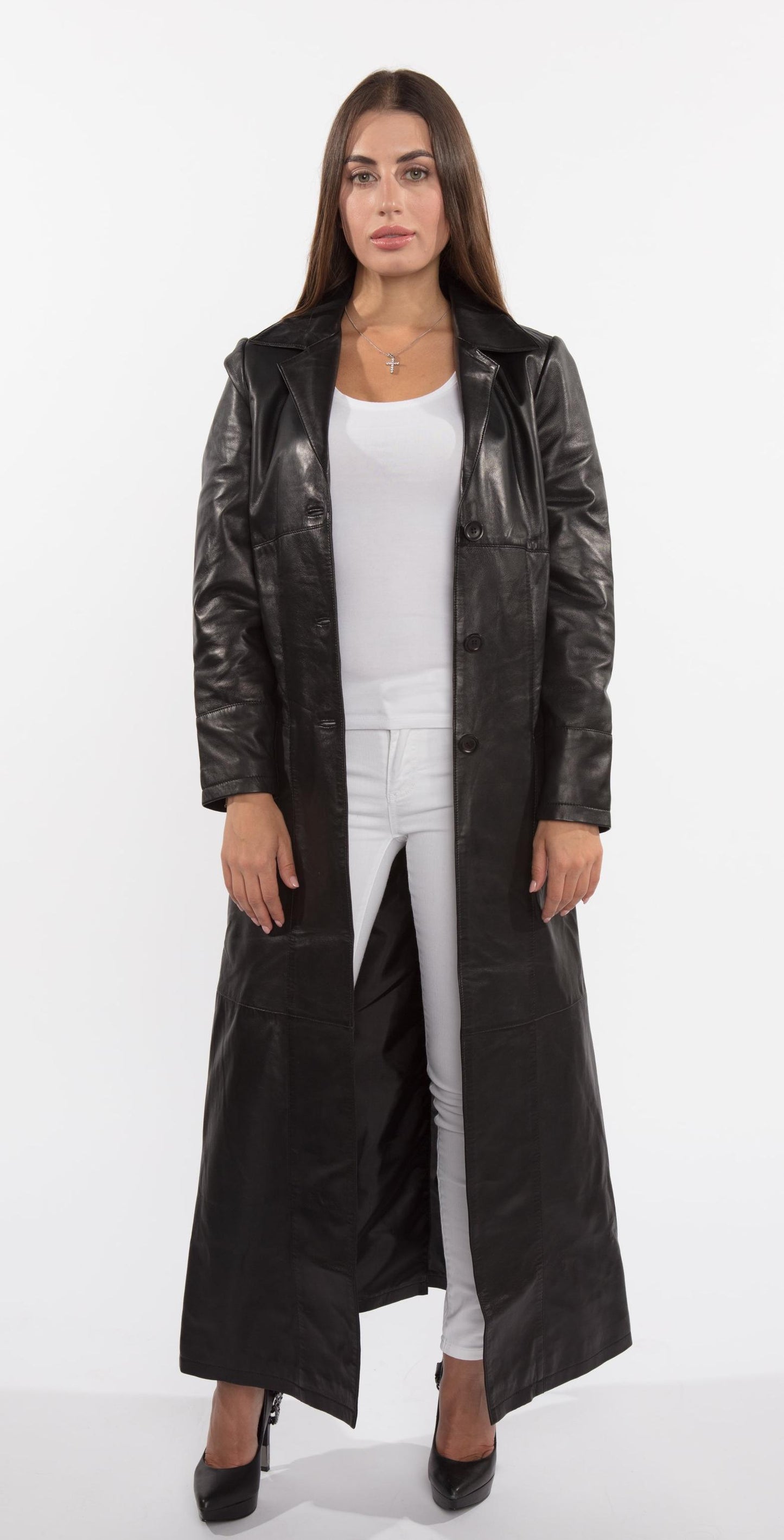 Women's Matrix-Inspired Black Three Button Full Length Lambskin Leather Coat - Lovez Aqua© -