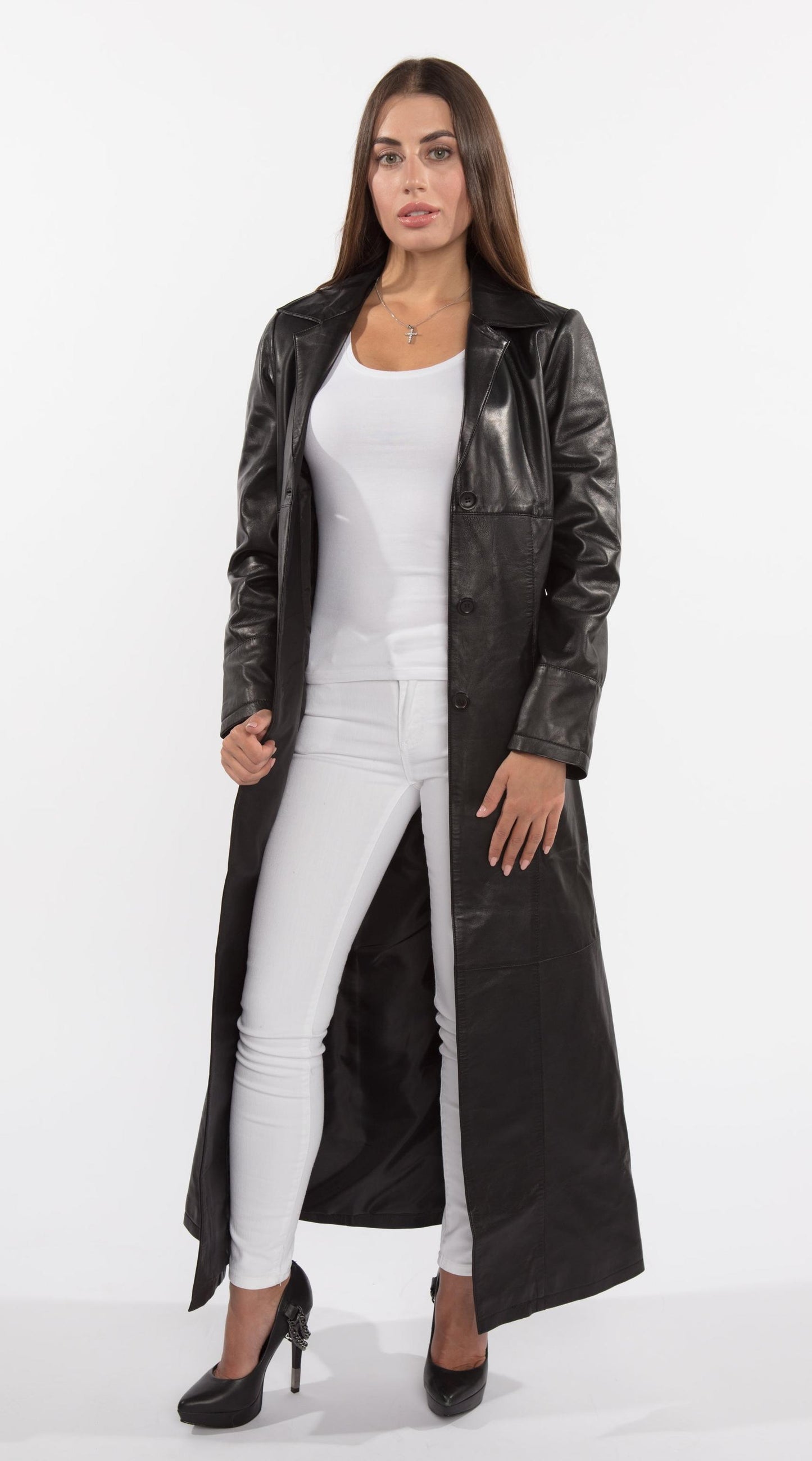 Women's Matrix-Inspired Black Three Button Full Length Lambskin Leather Coat - Lovez Aqua© -