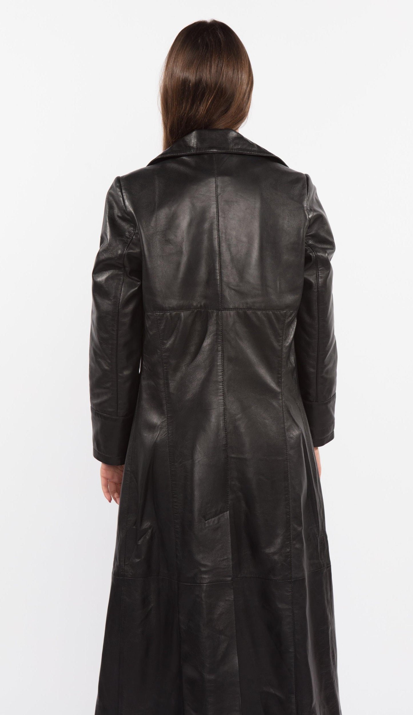 Women's Matrix-Inspired Black Three Button Full Length Lambskin Leather Coat - Lovez Aqua© -