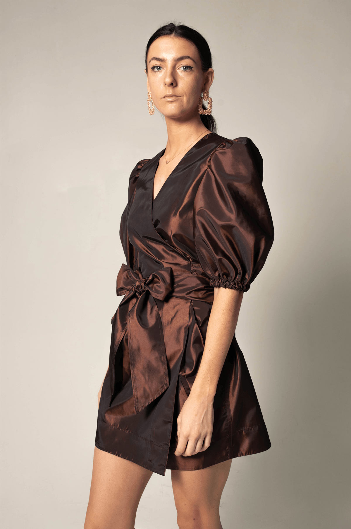 Women’s Metallic Bordeaux Wrap Dress with V-Neck & Mid-length Sleeves