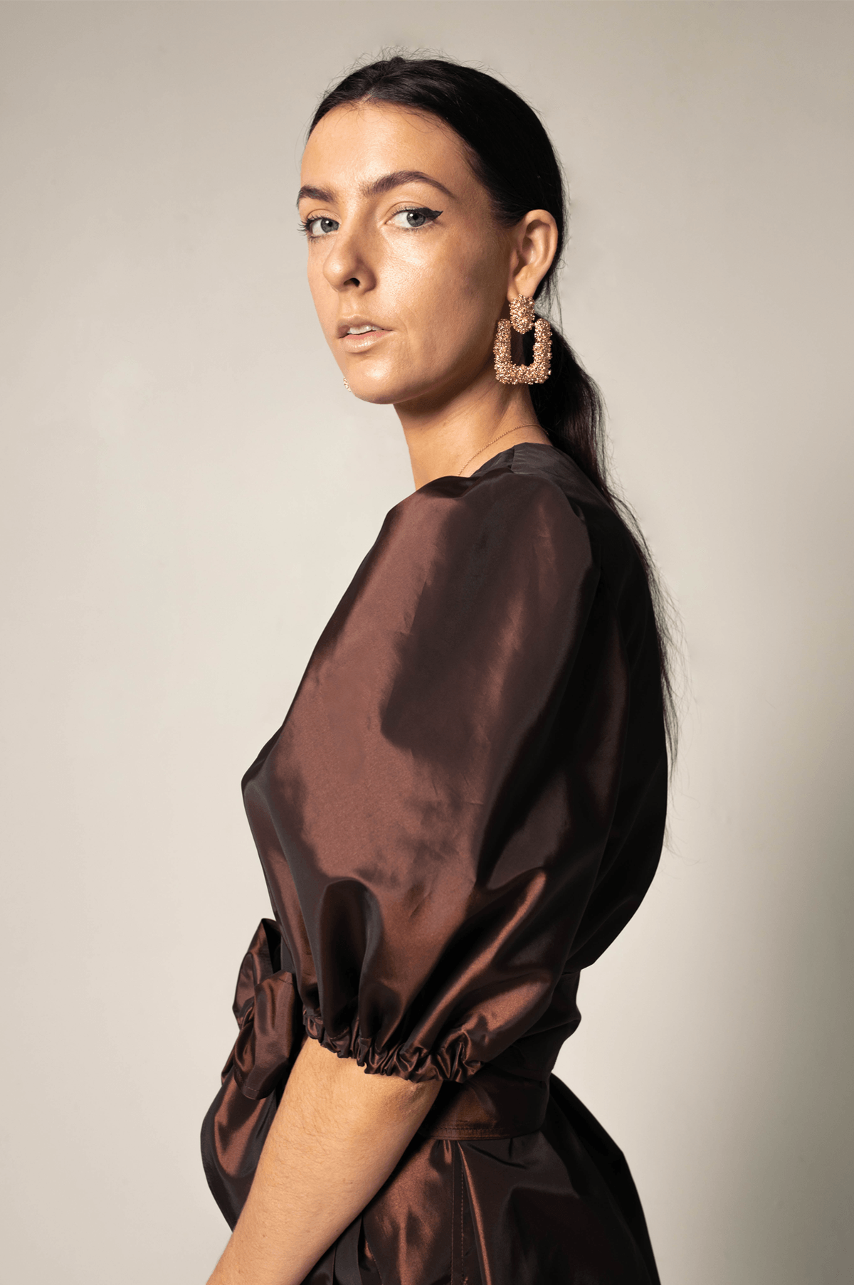Women’s Metallic Bordeaux Wrap Dress with V-Neck & Mid-length Sleeves