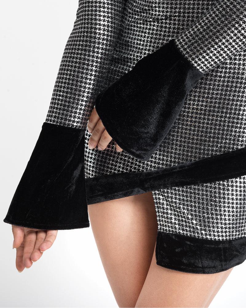 Women's Metallic Silver & Black Mini Party Dress With Cutout Long Sleeves - Lovez Aqua© -