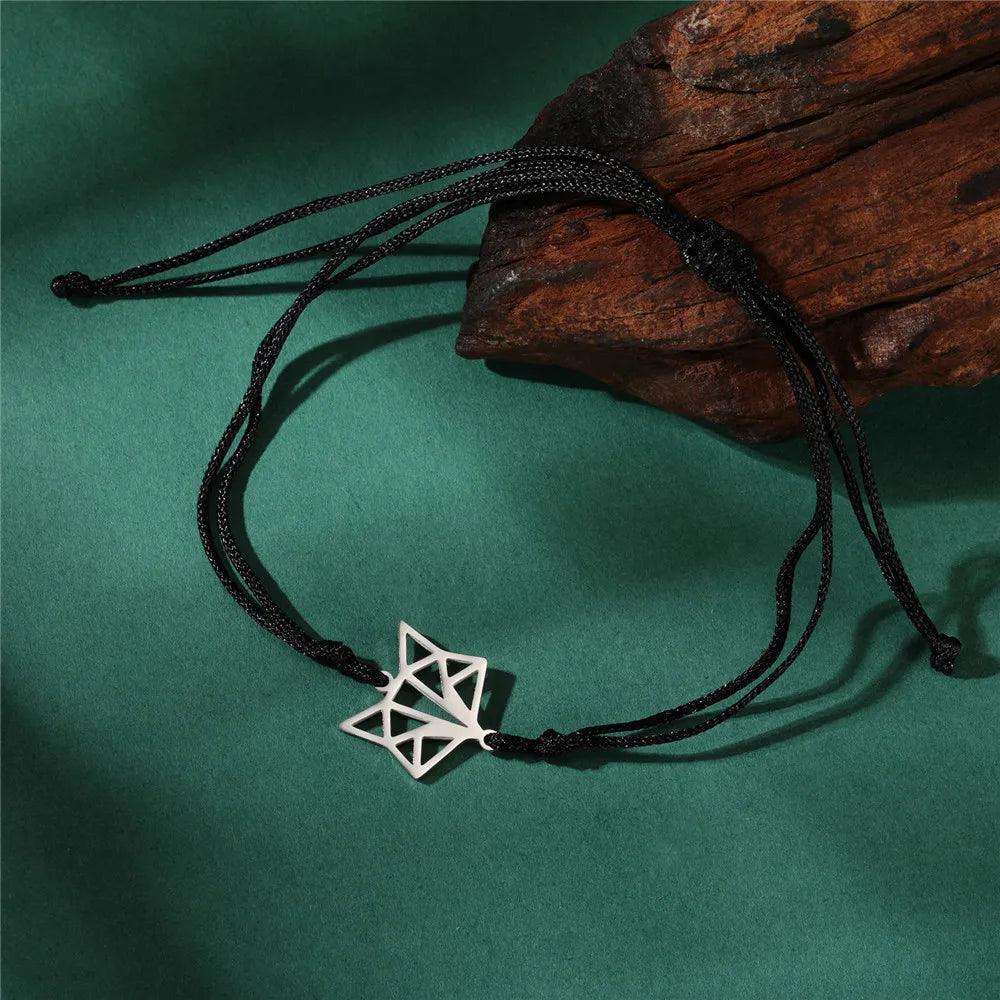 Women's Minimalist Origami Fox Stainless Steel Bracelet - Lovez Aqua© - Fox Black Rope