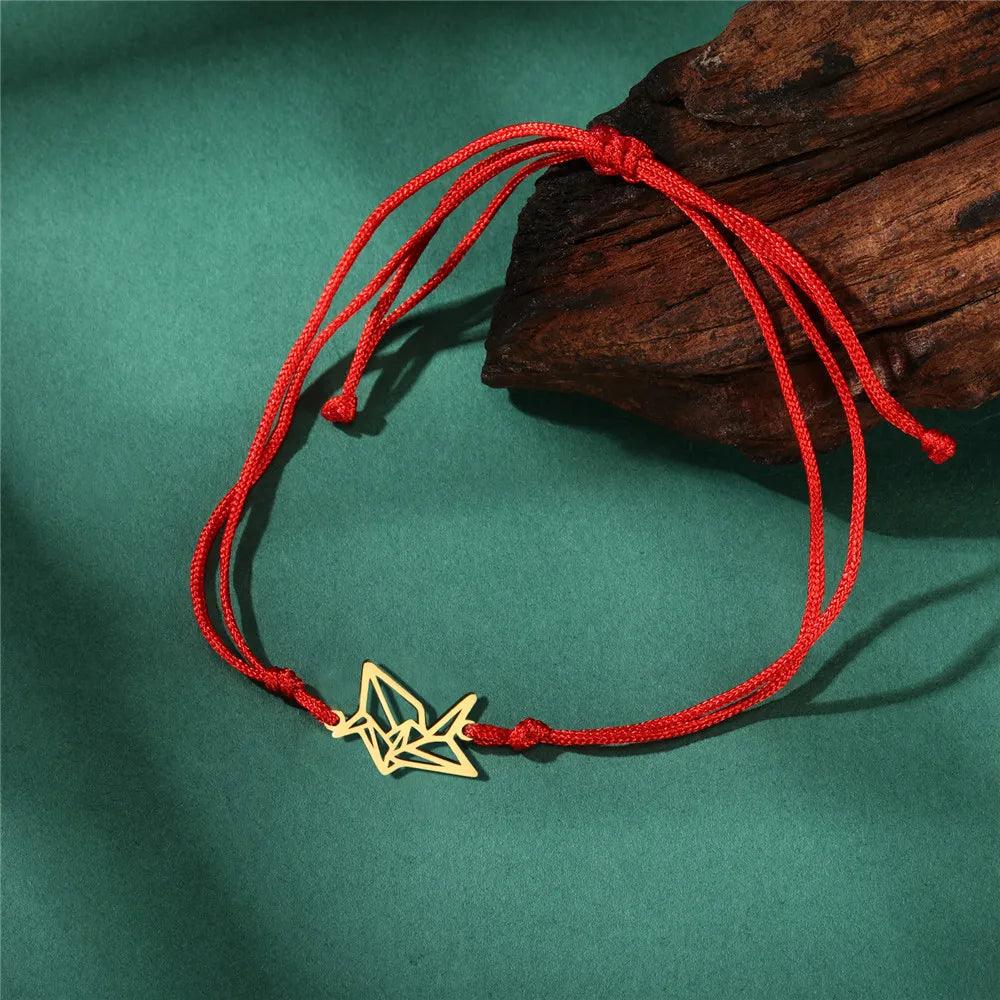 Women's Minimalist Origami Fox Stainless Steel Bracelet - Lovez Aqua© - Crane Red Rope