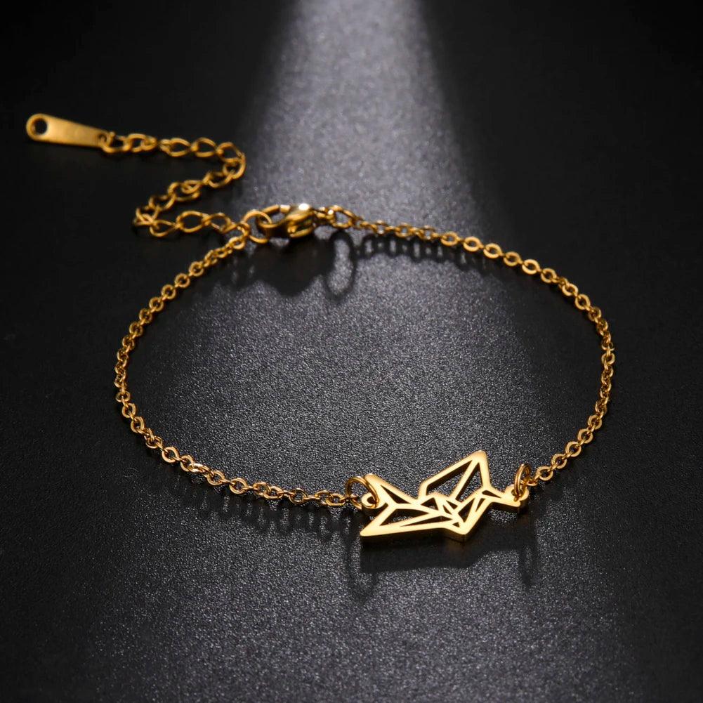 Women's Minimalist Origami Fox Stainless Steel Bracelet - Lovez Aqua© - Crane Gold