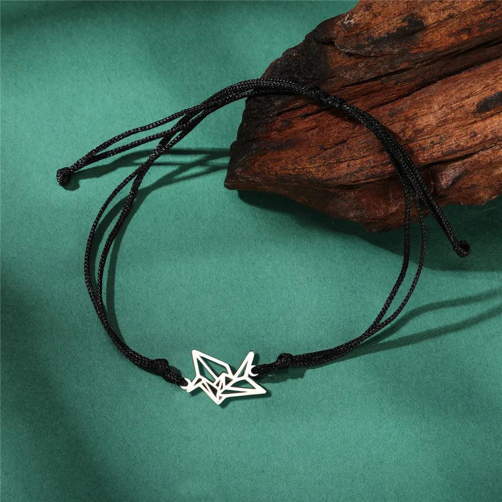 Women's Minimalist Origami Fox Stainless Steel Bracelet - Lovez Aqua© - Crane Black Rope
