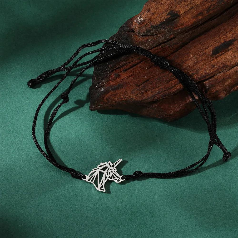 Women's Minimalist Origami Fox Stainless Steel Bracelet - Lovez Aqua© - Unicorn Black Rope