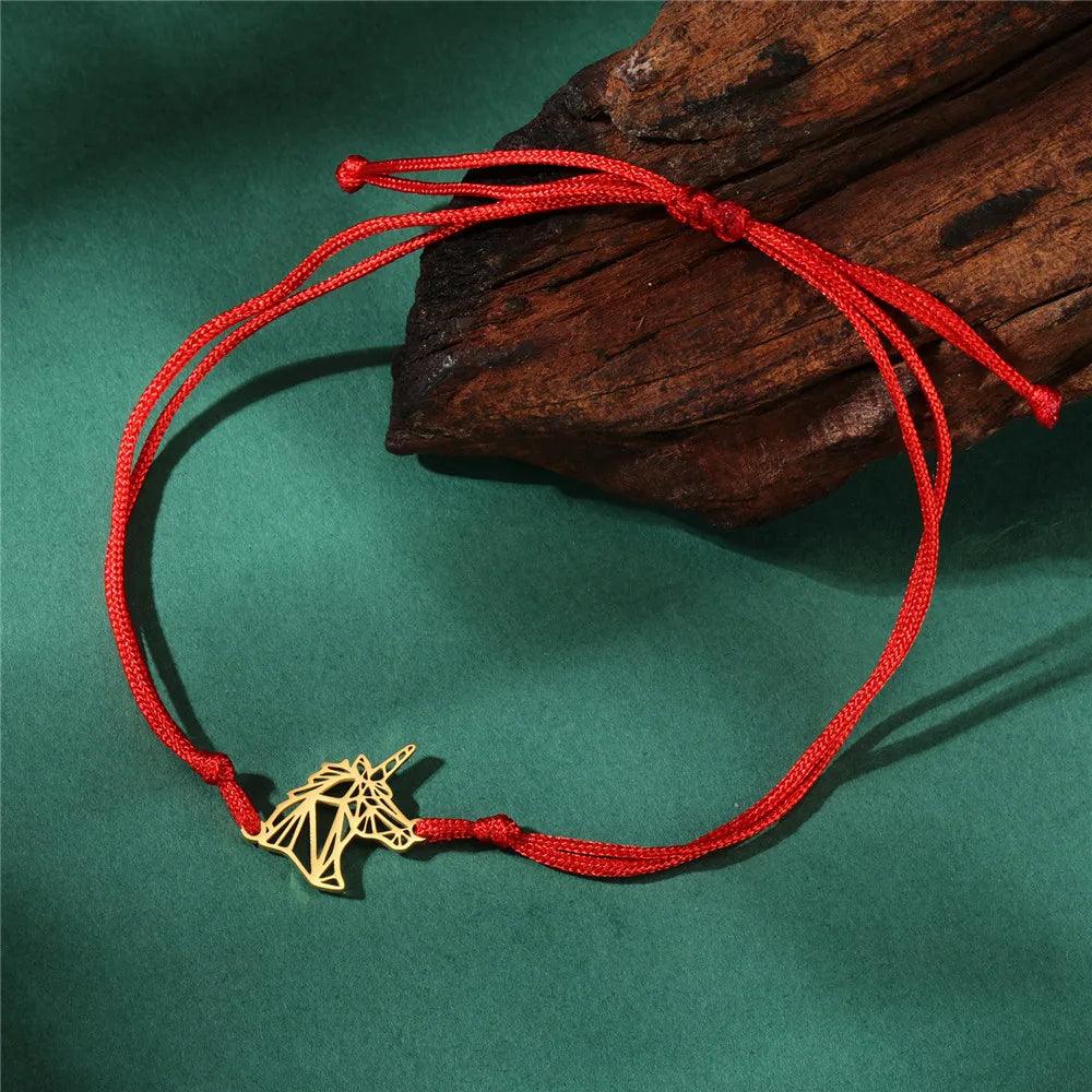 Women's Minimalist Origami Fox Stainless Steel Bracelet - Lovez Aqua© - Unicorn Red Rope