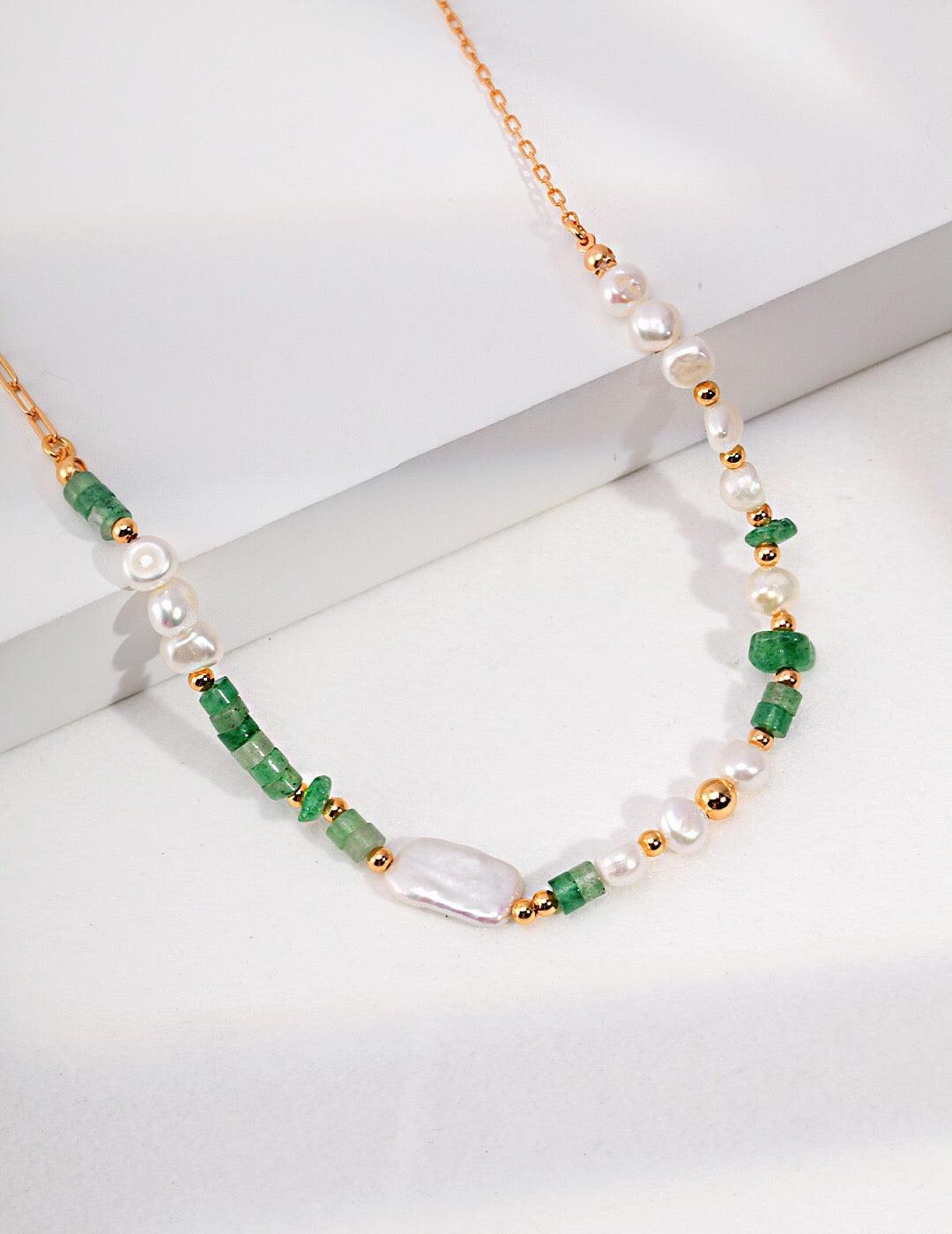 Women's Natural Aventurine Bead & Pearl Choker Necklace - Lovez Aqua© -