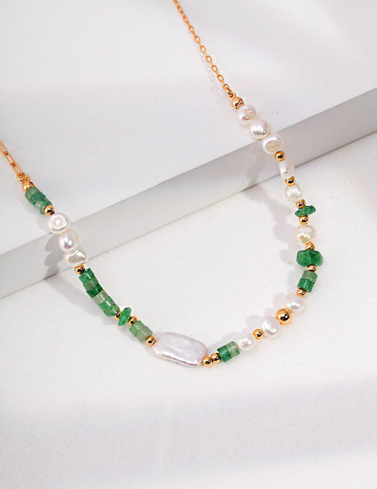 Women's Natural Aventurine Bead & Pearl Choker Necklace - Lovez Aqua© -