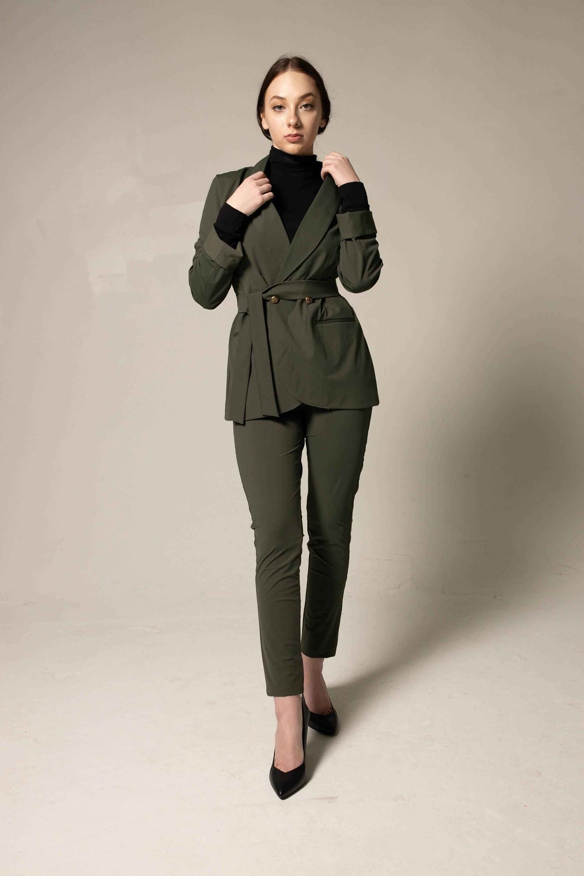 Women's Olive Green Belted Blazer With Front Buttons & Notched Lapel