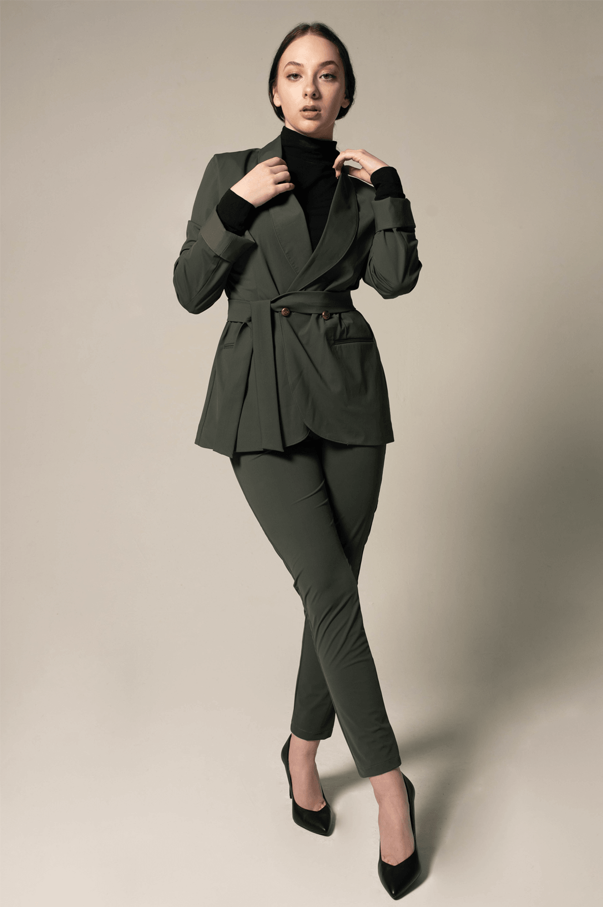 Women's Olive Green Belted Blazer With Front Buttons & Notched Lapel