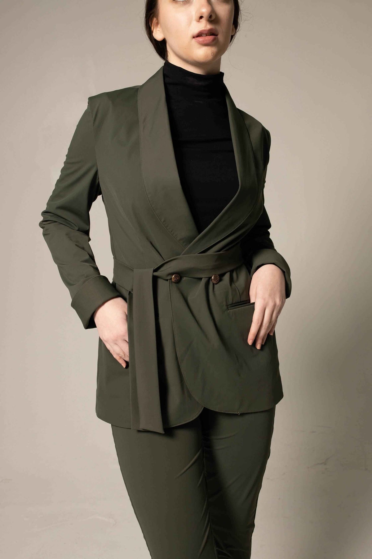 Women's Olive Green Belted Blazer With Front Buttons & Notched Lapel