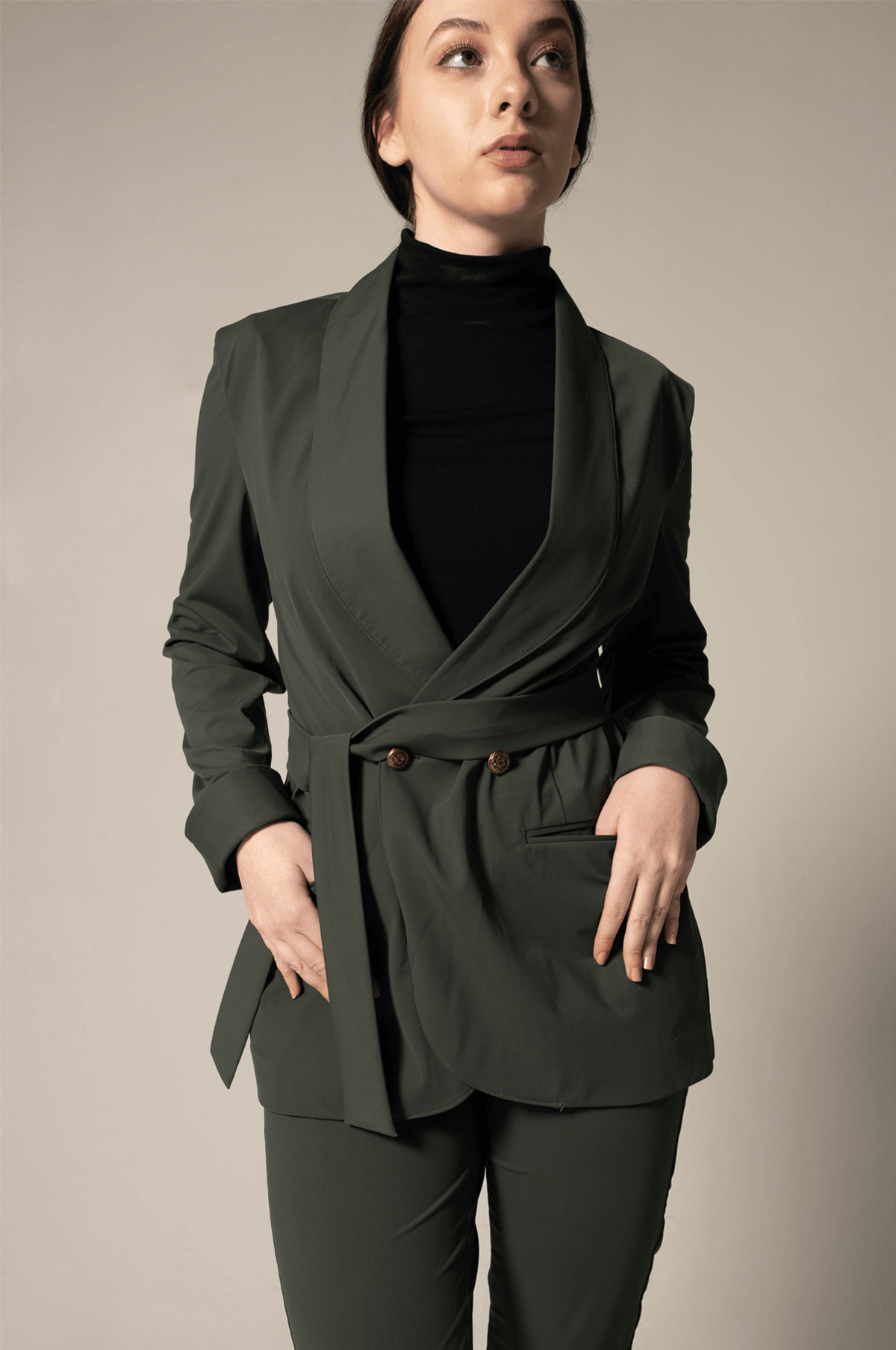 Women's Olive Green Belted Blazer With Front Buttons & Notched Lapel