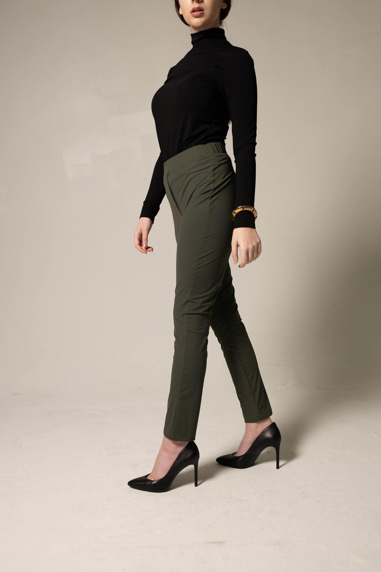 Women's Olive Green Nylon Skinny Fit Pants - Lovez Aqua© -