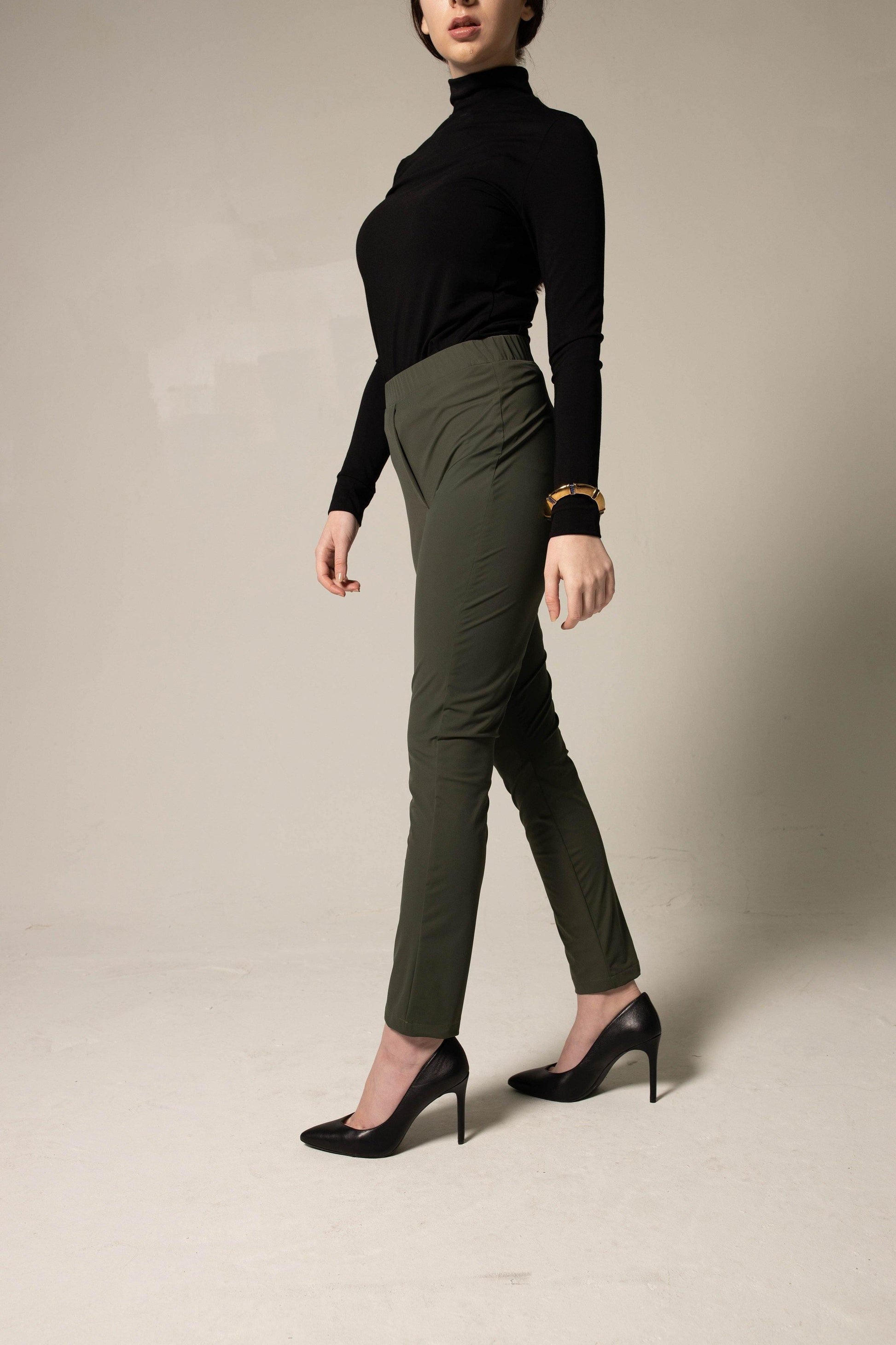 Women's Olive Green Nylon Skinny Fit Pants - Lovez Aqua© -