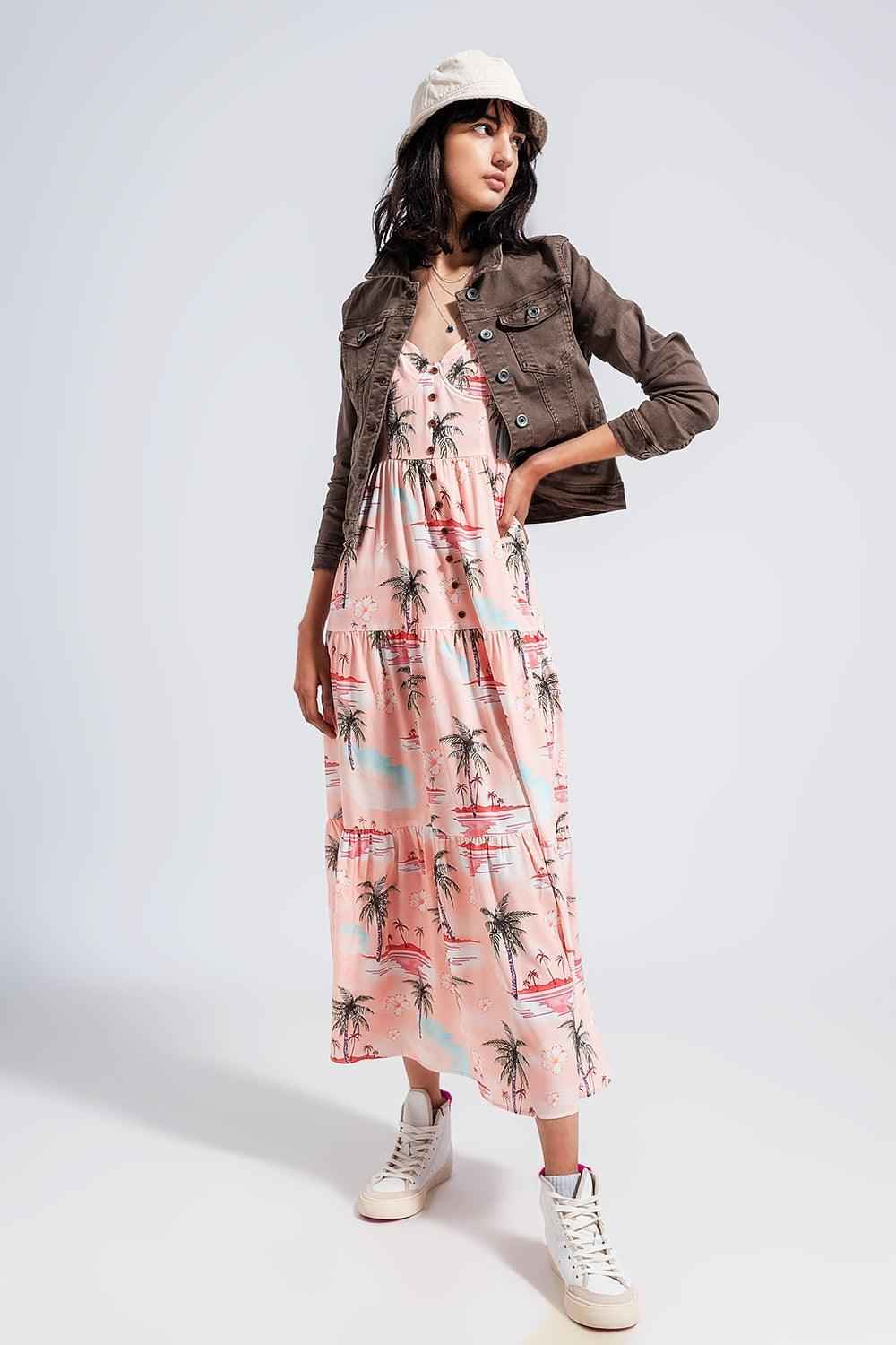 Women's Pink Tropical Print Cami Maxi Beach Dress