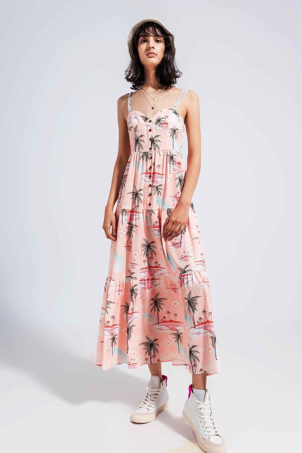 Women's Pink Tropical Print Cami Maxi Beach Dress