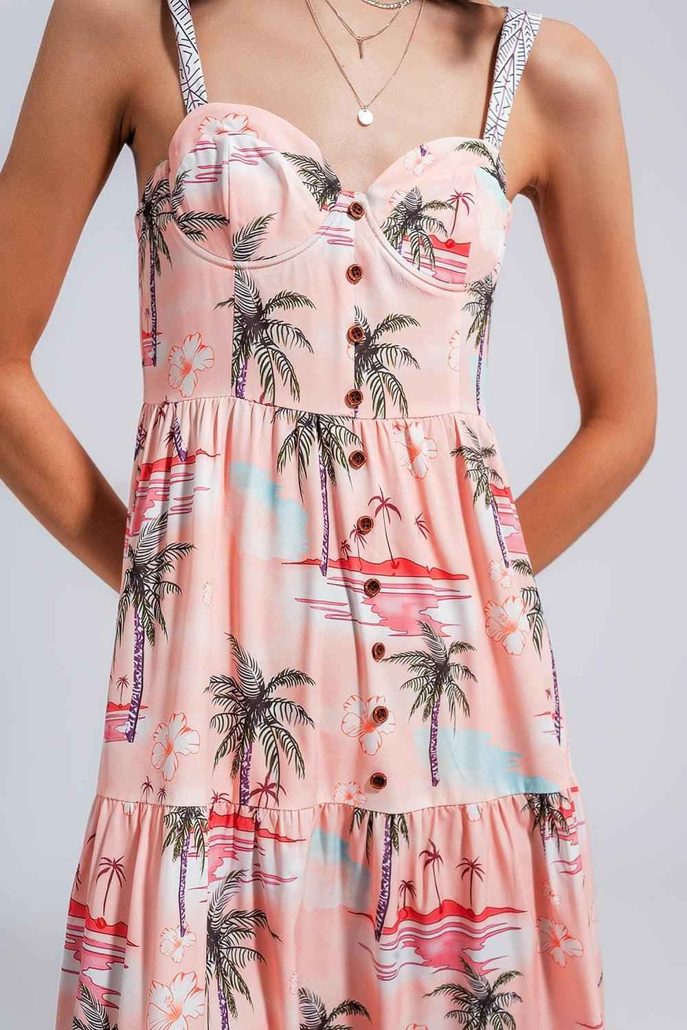 Women's Pink Tropical Print Cami Maxi Beach Dress