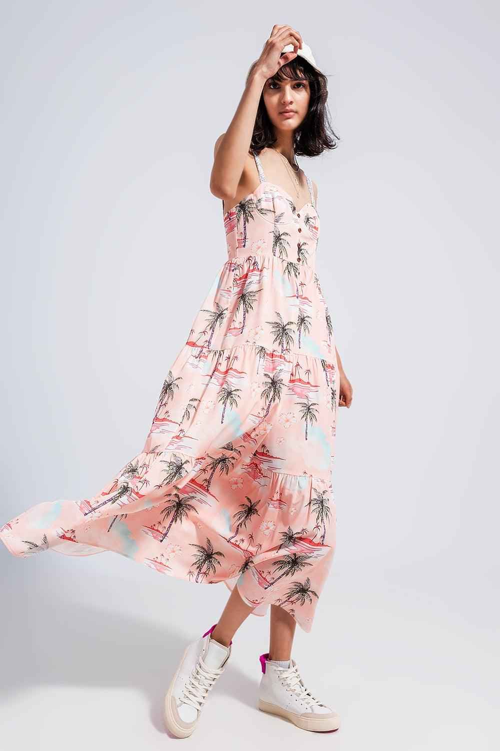 Women's Pink Tropical Print Cami Maxi Beach Dress