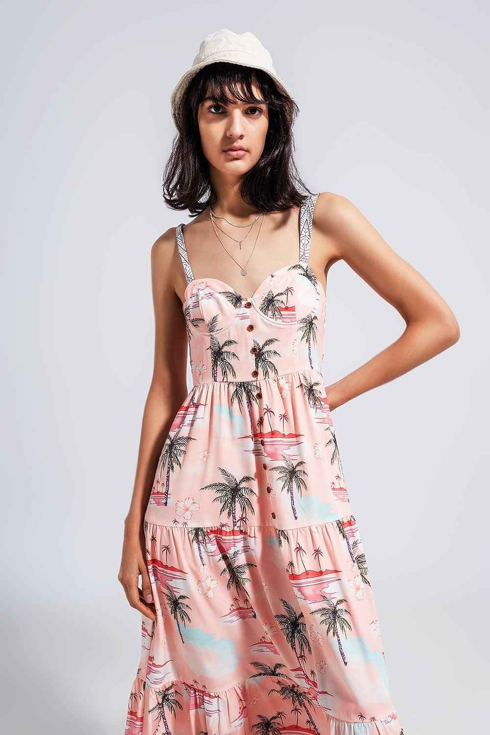Women's Pink Tropical Print Cami Maxi Beach Dress