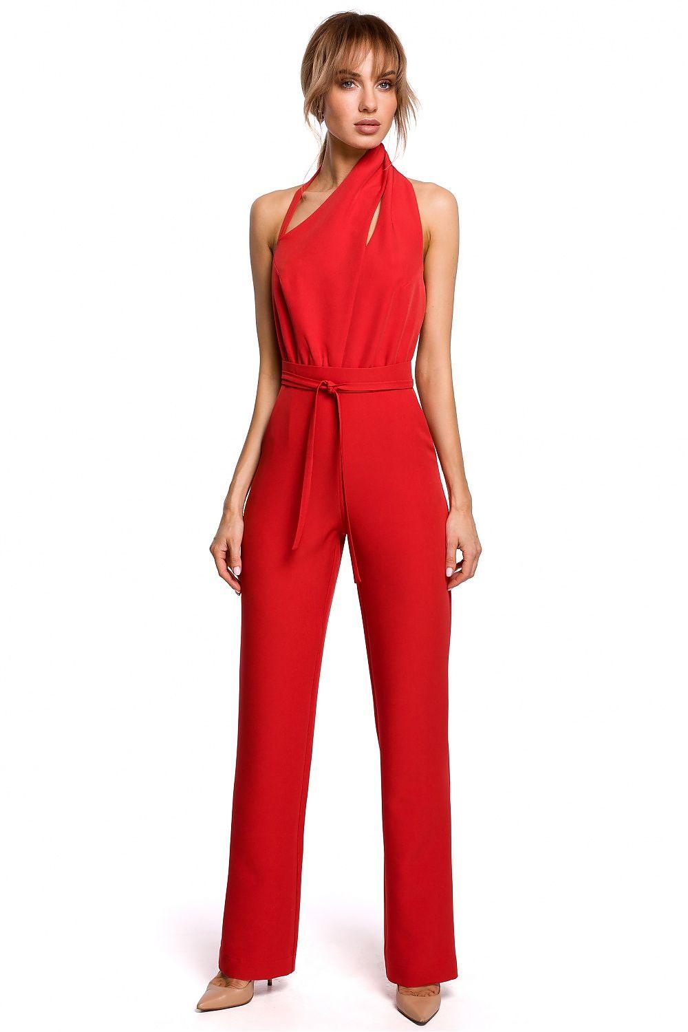 Women's Red Halter Neck Jumpsuit With Asymmetrical Neckline & Open Back - Lovez Aqua© -