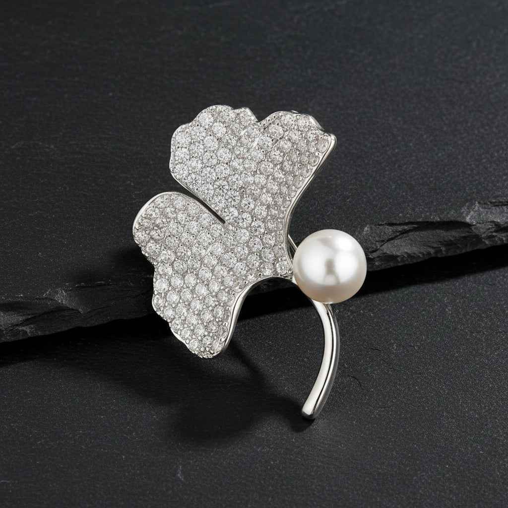 925 Sterling Silver Cubic Zirconia Ginkgo Leaf & Pearl Women's Brooch