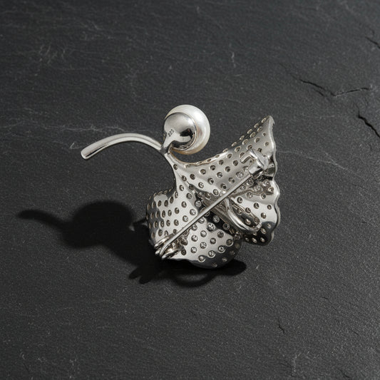 Women's Silver Rhinestone Encrusted Ginkgo Leaf and Pearl Brooch - Lovez Aqua© -