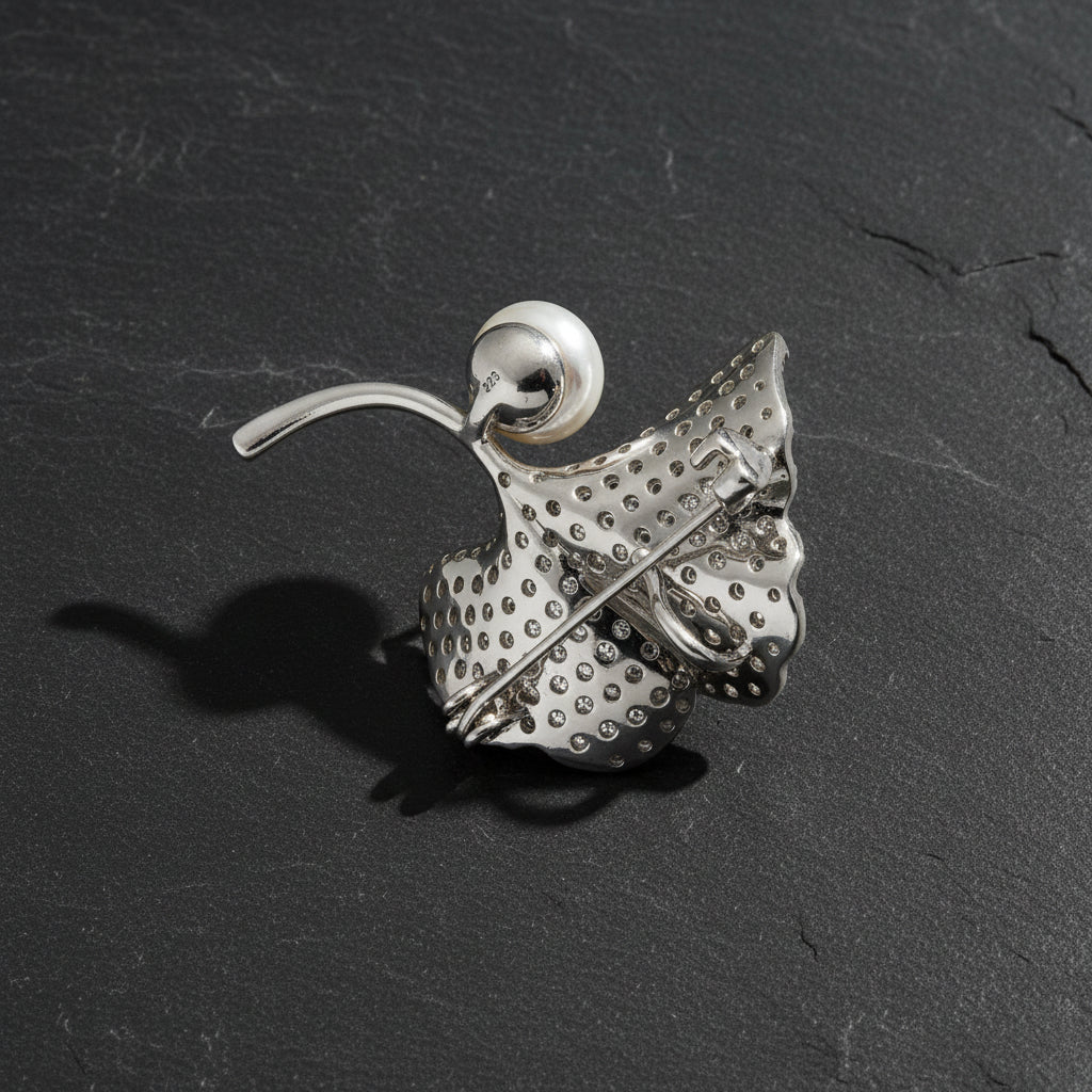 Women's Silver Rhinestone Encrusted Ginkgo Leaf and Pearl Brooch - Lovez Aqua© -