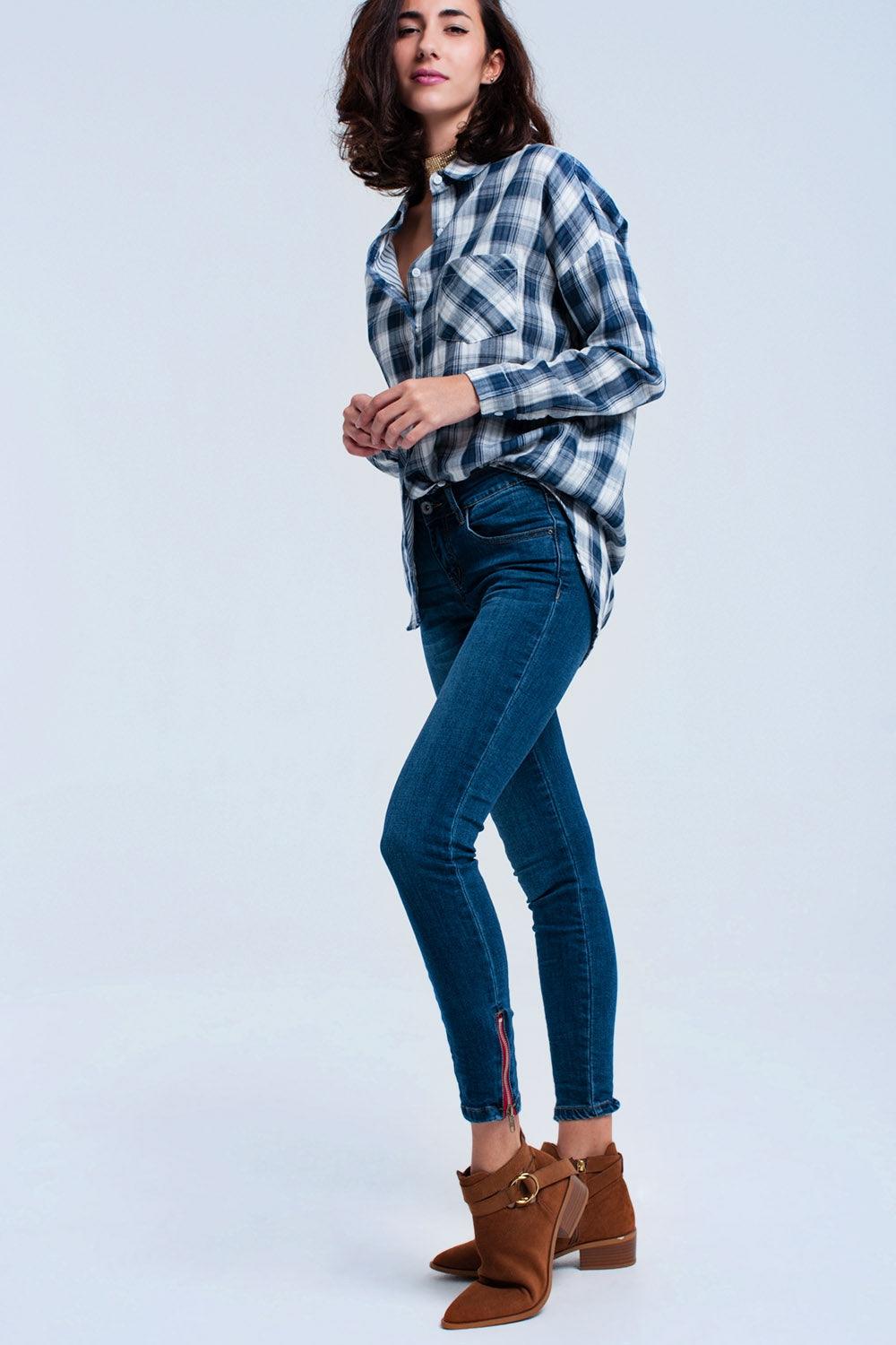 Women's Skinny Denim Blue Jeans With Edgy Zipper Detail - Lovez Aqua© -