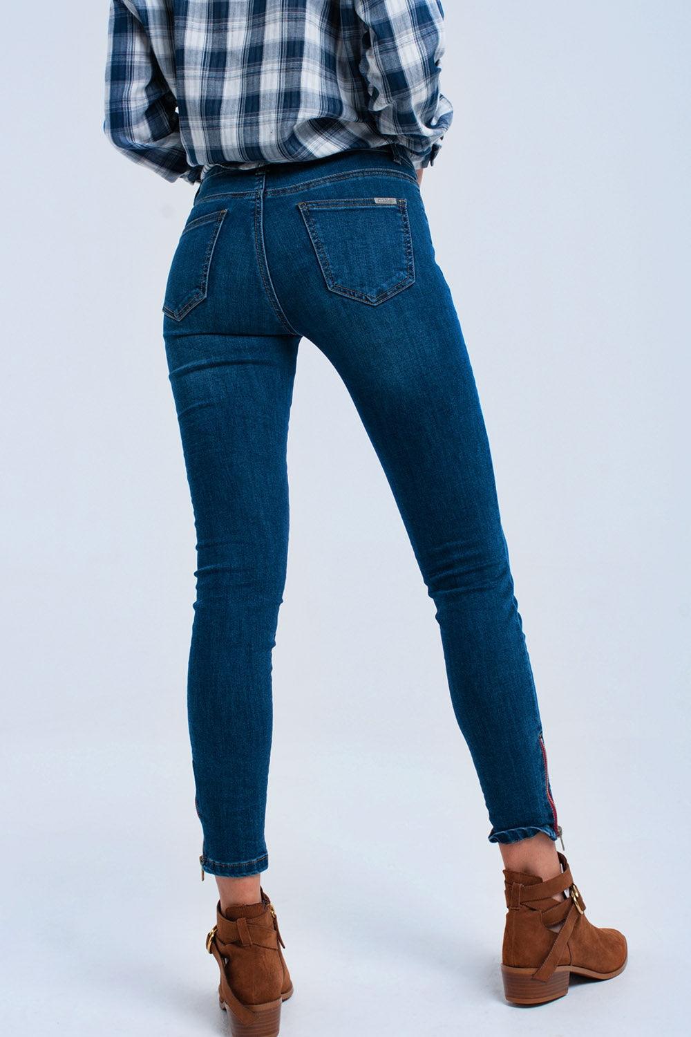 Women's Skinny Denim Blue Jeans With Edgy Zipper Detail - Lovez Aqua© -