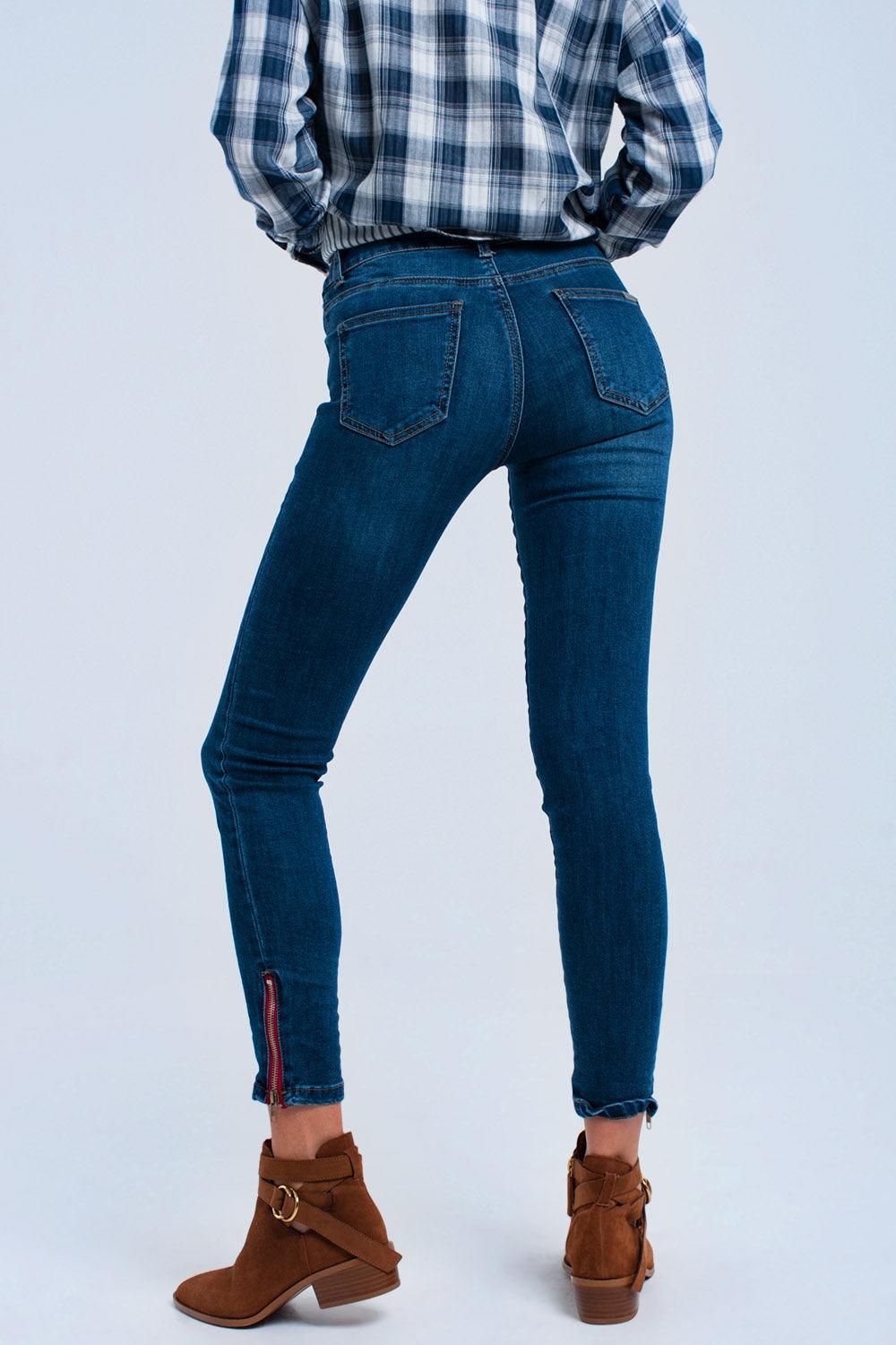 Women's Skinny Denim Blue Jeans With Edgy Zipper Detail - Lovez Aqua© -